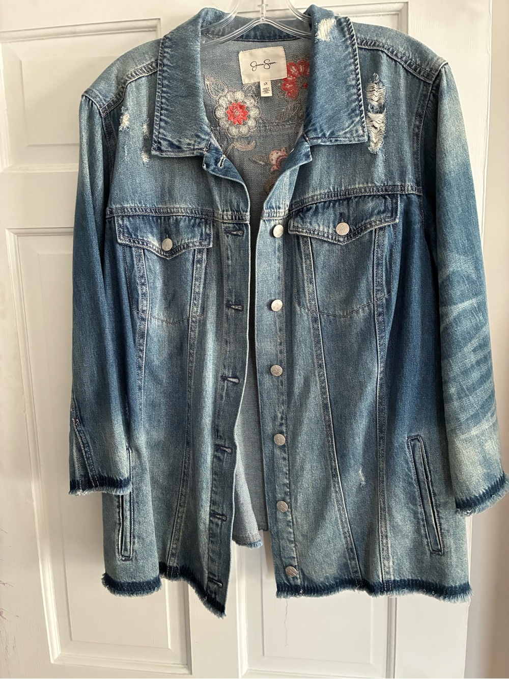 Jessica Simpson Light Blue Distressed Denim Jacket with Embroidered Back